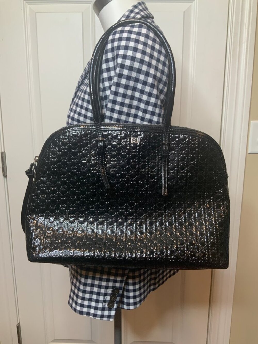 Coccinelle Black Baskweave Patent Leather Double Handle Satchel Purse